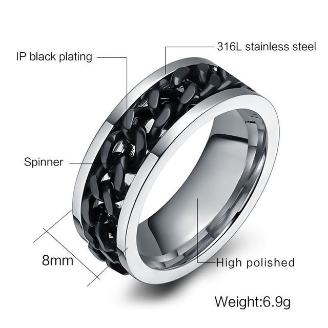 Meaeguet Fashion Men's Ring The Punk Rock Accessories Stainless Steel Black Chain Spinner Rings For Men 3 Color USA Size 6-15