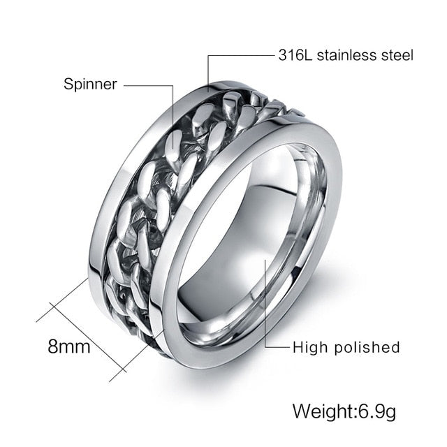 Meaeguet Fashion Men's Ring The Punk Rock Accessories Stainless Steel Black Chain Spinner Rings For Men 3 Color USA Size 6-15