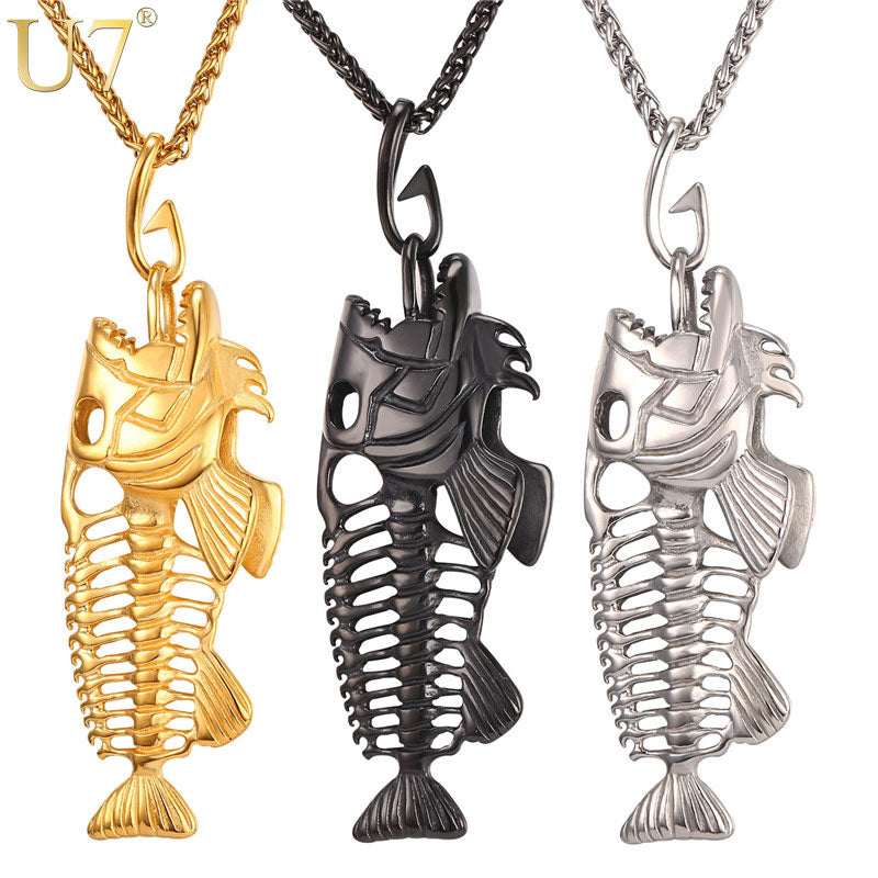 U7 Hip Hop Chain For Men Big Fish Bone Statement Pendant Necklaces Gold Color Stainless Steel Fishing Hippie Kpop Jewelry P1039