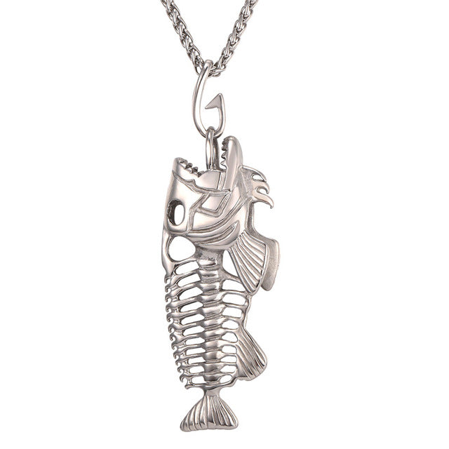 U7 Hip Hop Chain For Men Big Fish Bone Statement Pendant Necklaces Gold Color Stainless Steel Fishing Hippie Kpop Jewelry P1039