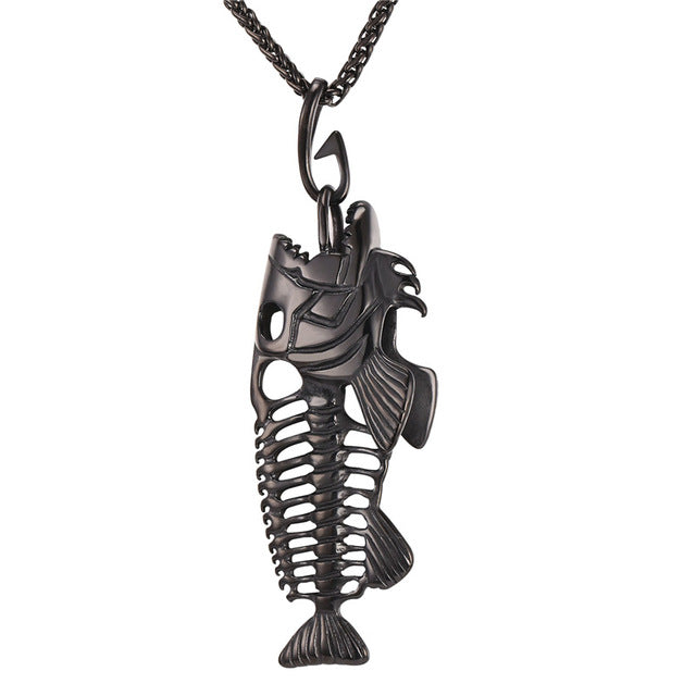 U7 Hip Hop Chain For Men Big Fish Bone Statement Pendant Necklaces Gold Color Stainless Steel Fishing Hippie Kpop Jewelry P1039