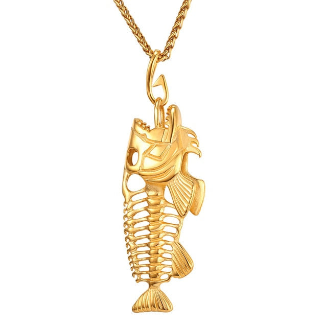 U7 Hip Hop Chain For Men Big Fish Bone Statement Pendant Necklaces Gold Color Stainless Steel Fishing Hippie Kpop Jewelry P1039