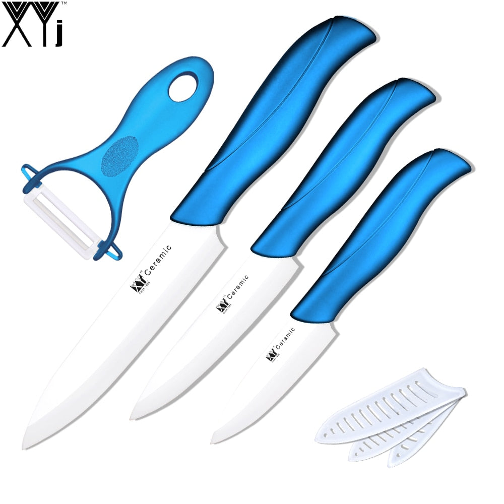 Ceramic knife 3" paring 4" utility 5" slicing knife with one blue handle + white balde peeler cooking tools kitchen knives set