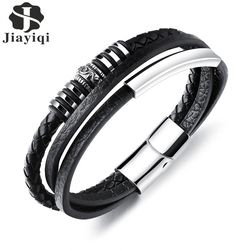 Jiayiqi Fashion Leather Bracelet for Men Black Braid Multilayer Rope Chain Stainless Steel Magnetic Clasp Male Jewelry Gifts