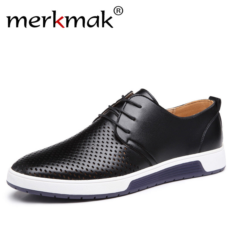 Merkmak New 2018 Men Casual Shoes Leather Summer Breathable Holes Luxury Brand Flat Shoes for Men Drop Shipping