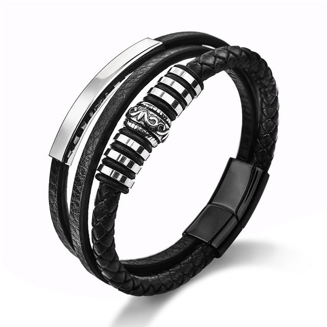 Jiayiqi Fashion Leather Bracelet for Men Black Braid Multilayer Rope Chain Stainless Steel Magnetic Clasp Male Jewelry Gifts