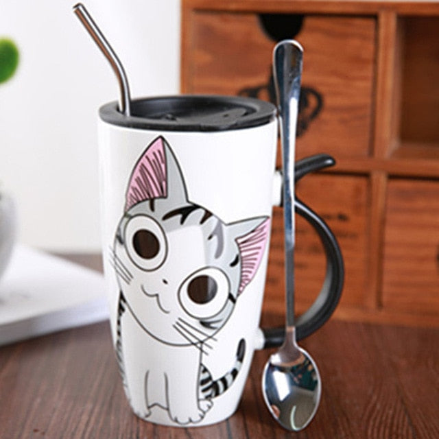 Cute Cat Ceramics Coffee Mug With Lid Large Capacity 600ml Animal Mugs creative Drinkware Coffee Tea Cups Novelty Gifts milk cup