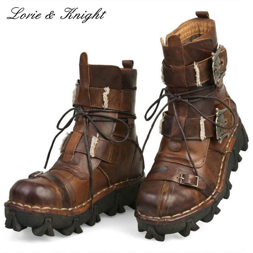 Men's Cowhide Genuine Leather Work Boots Military Combat Boots Gothic Skull Punk Motorcycle Martin Boots