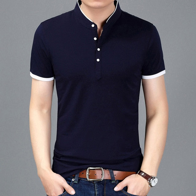 2018 Summer New Fashion Brand Clothing Tshirt Men Solid Color Slim Fit Short Sleeve T Shirt Men Mandarin Collar Casual T-Shirts